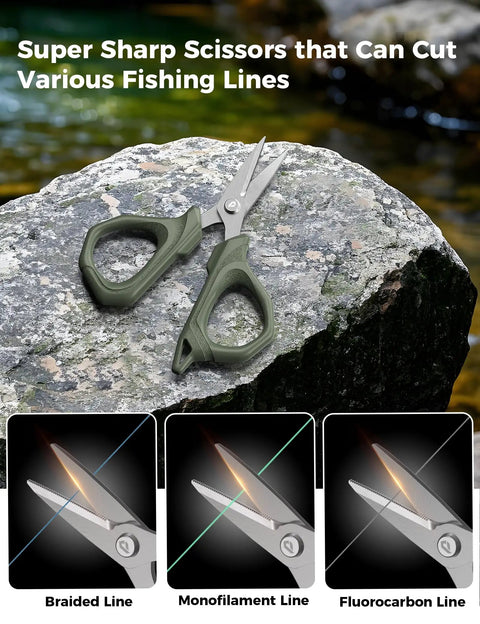 Decked-Out Fishing Tools Kit With 4.6 Inch Scissors on rock by stream, shown cutting braided, monofilament, and fluorocarbon lines