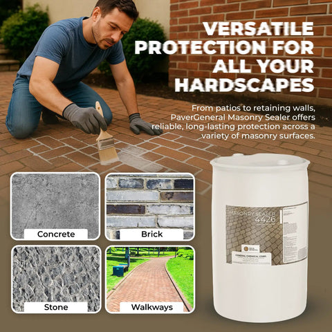 Premium Penetrating Masonry Sealer For Concrete Brick And Pavers Sets Up Tough As Nails Water Barrier 55 Gallon can being applied to pavers.