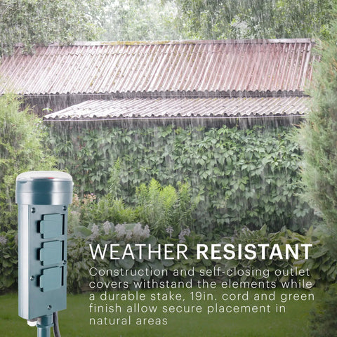 Rad 6 Outlet Outdoor Mechanical Stake Timer Featuring Kickass Heavy Duty Construction And Weather Resistant Covers in rain, showing 19 in cord.