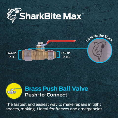 3/4 In To 1/2 In PTC Reducing Ball Valve, Push-To-Connect Brass Water Shut-Off Plumbing Fitting, Easy Install No Solder Or Glue