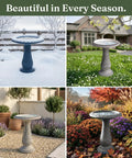 Pedestal Bird Bath With Solar Fountain For Outdoor Garden Decor Resin Stone Composite Standing Bird Bath For Patio And Yard No Fuss Install 23 Inch Tall Hummingbird Bowl Water Feature in various seasonal settings, showcasing the bird bath's year-round appeal.