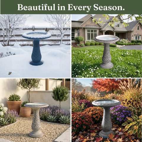 Pedestal Bird Bath With Solar Fountain For Outdoor Garden Decor Resin Stone Composite Standing Bird Bath For Patio And Yard No Fuss Install 23 Inch Tall Hummingbird Bowl Water Feature in various seasonal settings, showcasing the bird bath's year-round appeal.