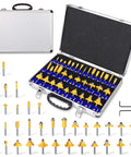 Premium Tungsten Carbide Router Bits Set 35 Piece Kit With Aluminum Carry Storage Case Universal One Quarter Inch Shank Ideal For DIY Woodworking Projects Delivers Clean Precise Cuts And Long Lasting Sharp Edges displayed with open case and bits.
