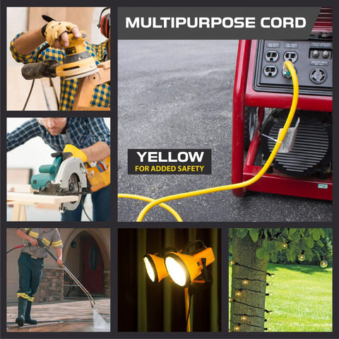 Weatherproof Outdoor Extension Cord 25 Ft Heavy Duty 14/3 SJTW 15 Amp Yellow 3 Prong Lighted End For Power Tools And Lawn Care High Visibility And Durable in use with various equipment, demonstrating versatility.