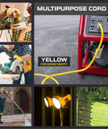Beefy 75ft 10 Gauge Outdoor Extension Cord With 3 Outlets and Yellow Lighted End shown powering various equipment