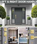 Satin Brass Entry Door Handle Set With Square Backplate, Single Cylinder Deadbolt, modern exterior and interior views