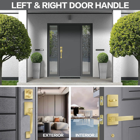 Satin Brass Entry Door Handle Set With Square Backplate, Single Cylinder Deadbolt, modern exterior and interior views