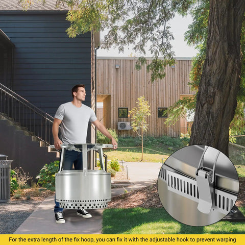 Man carrying Upgraded Heat Deflector For Solo Stove Yukon 27 Inch 304 Stainless Steel Diffuser with Detachable Legs and Fix Hoop