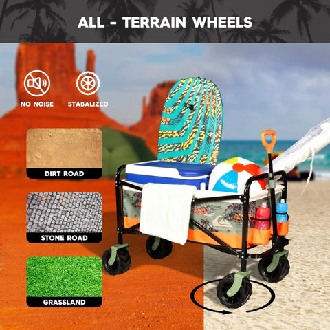Heavy-Duty Collapsible Beach Wagon With All Terrain Wheels And Large Storage packed with gear on sandy beach