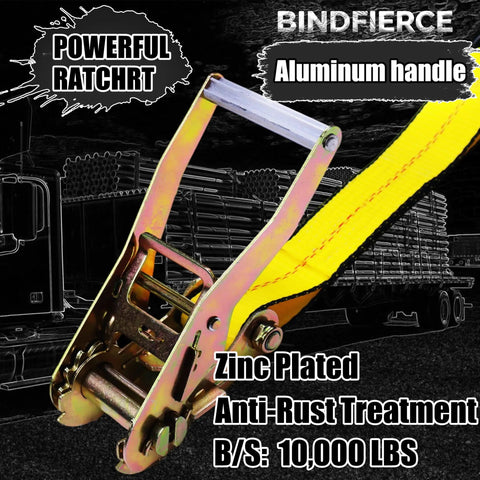 Heavy Duty Ratchet Straps 4 Pack 2 Inches By 15 Feet With J Hook Solid As A Rock For Secure Freight Hauling 10000 Lbs Break Strength built with an aluminum handle.