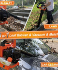 Beefy Gas Powered Leaf Blower 3 In 1 Vacuum Mulcher Kit in use on walkway, lawn, and car, 26cc 2 cycle engine