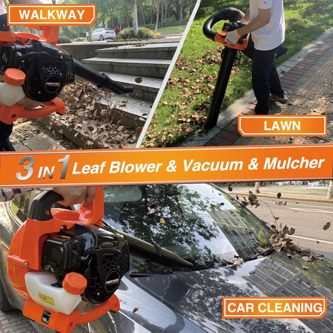 Beefy Gas Powered Leaf Blower 3 In 1 Vacuum Mulcher Kit in use on walkway, lawn, and car, 26cc 2 cycle engine