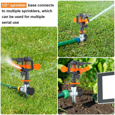 3 Pack Pulsating Sprinklers With Metal Spike 360 Degree Adjustable Rotating Impact Sprinkler In Use On Lawn