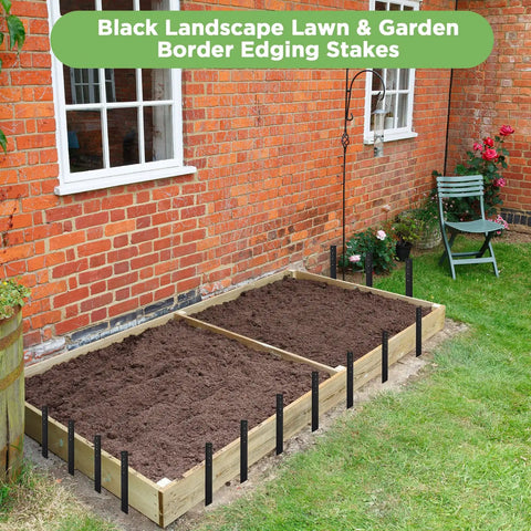 24 Piece 12 Inch Heavy Duty Landscape Lawn Garden Border Stakes Set Black Plastic Stakes securing garden edging
