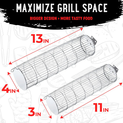 Dimensions of Rolling Grill Basket With Removable Wooden Handle, Extra Sturdy Food Grade Stainless Steel Grill Net Rack