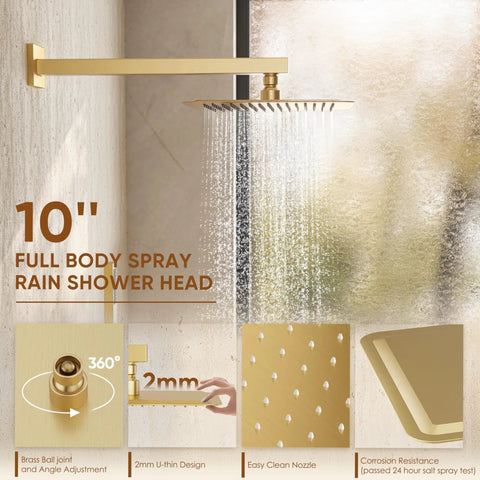 Top Tier Brushed Gold Shower System Features A Ten Inch Rain Showerhead And Tub Spout Cast From Solid Brass With Absolutely Zero Plastic Tubes For Rust Proof Bathroom Setup That Runs Slick Every Time