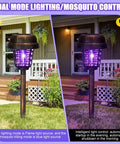 4 Pack Solar Mosquito Zappers Outdoor Waterproof Bug Zapper Light For Garden And Yard Solar Powered Insect Killer Lamp With Purple And Flame Light And Bronze Finish, side view showing daytime and nighttime operation.
