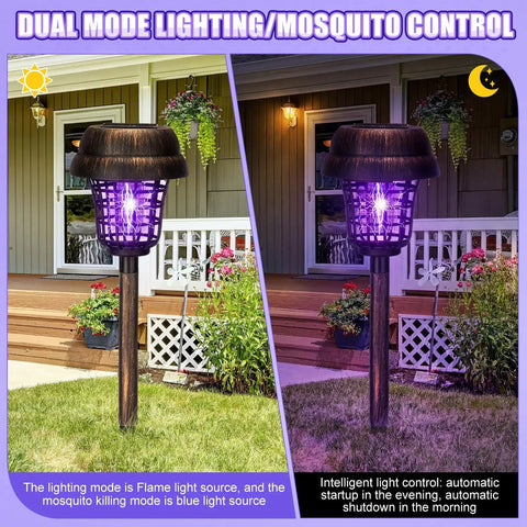 4 Pack Solar Mosquito Zappers Outdoor Waterproof Bug Zapper Light For Garden And Yard Solar Powered Insect Killer Lamp With Purple And Flame Light And Bronze Finish, side view showing daytime and nighttime operation.