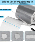 Grey Window Screen Repair Kit 4 Inch By 30 Foot Fiberglass Mesh Patch Tape with strong adhesive, shown with scissors cutting tape