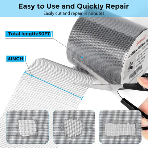 Grey Window Screen Repair Kit 4 Inch By 30 Foot Fiberglass Mesh Patch Tape with strong adhesive, shown with scissors cutting tape