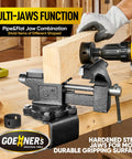Beefy 6 Inch Bench Vise With Forged Steel Construction, Built In Pipe Jaw And Swivel Base, Clamp On Or Bolt On Mount, Table Vise For Woodworking, Home Shop Use And Diy Projects gripping wood in workshop