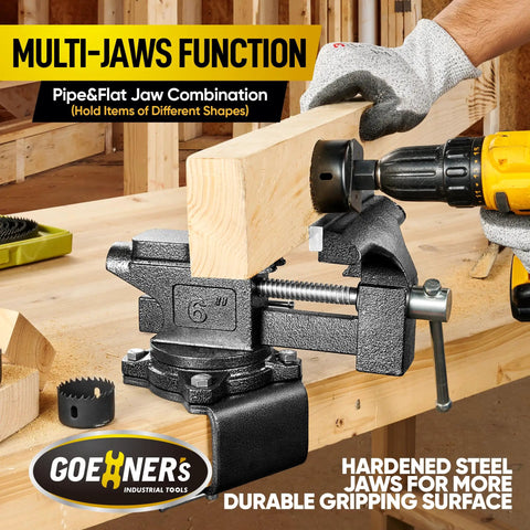 Beefy 6 Inch Bench Vise With Forged Steel Construction, Built In Pipe Jaw And Swivel Base, Clamp On Or Bolt On Mount, Table Vise For Woodworking, Home Shop Use And Diy Projects gripping wood in workshop