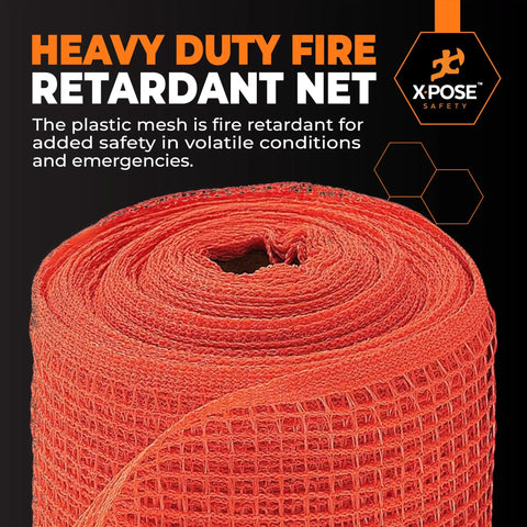 Heavy duty orange fire retardant net roll, 5.5 ft by 150 ft, for construction sites; X-POSE Safety branding visible