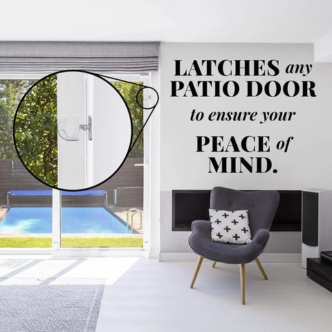 Two Way Sliding Door Safety Latch installed on patio door with view of pool in background, focus on childproof lock feature.