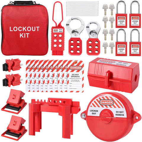 Pro Grade Lockout Tagout Kit With 4 Safety Padlocks, 3 Lockout Hasps, Ball Valve Lockouts, kit bag, LOTO tags, and nylon ties.