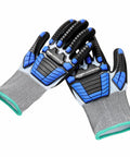 Two 18G GoldSilk and Sandy Nitrile Impact Protection Work Gloves with Back of Hand Protection, blue and black, size M, lying flat.