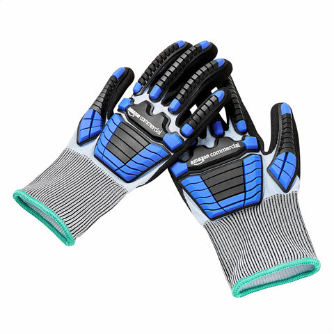 Two 18G GoldSilk and Sandy Nitrile Impact Protection Work Gloves with Back of Hand Protection, blue and black, size M, lying flat.