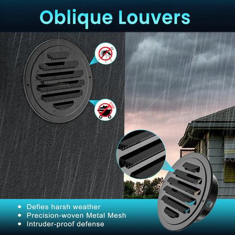 4 Inch Black Stainless Steel Soffit Vent Cover With Mesh Screen For Round Exhaust Vent Indoor Outdoor Use In Homes Offices Factories Two Pack Built To Last Heavy Duty All Weather Rust Resistant Easy Install on exterior wall close-up