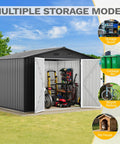 10 By 8 Ft Outdoor Storage Shed With Lockable Doors And Ventilation, Spacious Metal Tool Shed, Dark Gray, open showing storage options