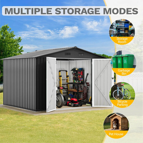 10 By 8 Ft Outdoor Storage Shed With Lockable Doors And Ventilation, Spacious Metal Tool Shed, Dark Gray, open showing storage options