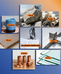 Available Materials collage depicting ceramics mug, stone, plastic pipes, wood board, steel, copper, and glass.