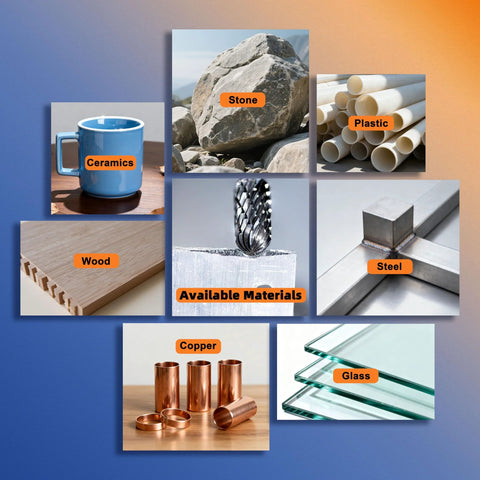 Available Materials collage depicting ceramics mug, stone, plastic pipes, wood board, steel, copper, and glass.