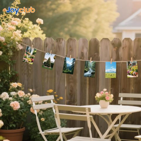 Dope 20 Pack 4x6 Inch Aluminum Sublimation Photo Blanks decoratively hung on a wooden fence with flowers around.