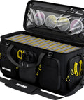 XL Tackle Bag Hauler Pro for anglers with mega storage capacity, open view showing 12 3700 boxes and large side pockets, black material.