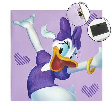 Minnie Mouse LED Canvas Wall Art Set, Four Pack Light Up Panels 11x11 Inches, Kid Friendly And Totally Adorable Room Decor For Girls, featuring Daisy Duck in vibrant purple.