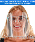 Woman wearing 4 Pack Safety Face Shields With Glasses Frames Ultra Clear Protective Full Face Shields Anti Fog PET Plastic Droplet Splash Guard