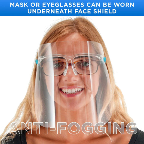 Woman wearing 4 Pack Safety Face Shields With Glasses Frames Ultra Clear Protective Full Face Shields Anti Fog PET Plastic Droplet Splash Guard