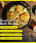 Cast Iron Dual Handle Skillet 12 Inch Preseasoned Black with Even Heat Distribution and Secure Grip Handles filled with cooked chicken.