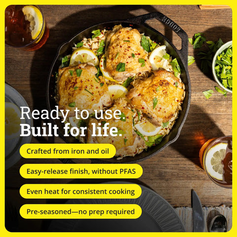 Cast Iron Dual Handle Skillet 12 Inch Preseasoned Black with Even Heat Distribution and Secure Grip Handles filled with cooked chicken.