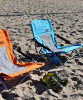 Low Profile Beach Chair Set Of 2 For Adults And Kids on sand with cup holder, orange and blue foldable sling chairs, beach day essential