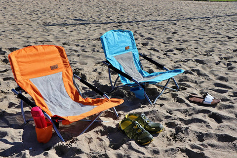 Low Profile Beach Chair Set Of 2 For Adults And Kids on sand with cup holder, orange and blue foldable sling chairs, beach day essential