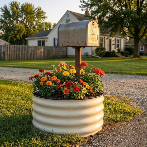 Three Piece Round Galvanized Raised Garden Bed Kit Each 2x2x1 Ft Outdoor Metal Planter Box For Vegetables And Flowers Rust Resistant White Finish Weatherproof Construction under mailbox with flowers.