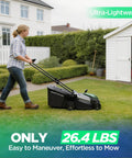 18 Inch Cordless Lawn Mower With 40V Self Propelled Power, 2x5.0Ah Batteries And Charger, Brushless Motor, 2 In 1 Mulching And Bagging, 6 Position Height Adjustment, Built For Small To Medium Yards, Gas Like Power Without The Fumes. Woman pushing cordless lawn mower on a small yard
