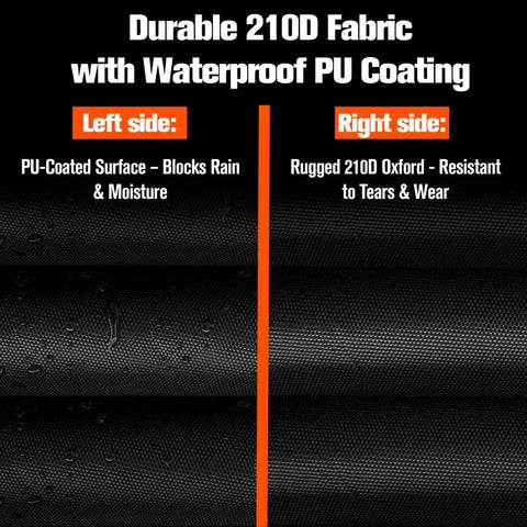 Waterproof Adult Tricycle Cover for 3-Wheeled Bikes and Recumbent Trikes Outdoor Indoor Dustproof Windproof UV Protection Heavy-Duty 210D Oxford PU Coated Fits Most Trikes 75L x 30W x 44H Black material comparison showing PU-coated 210D fabric
