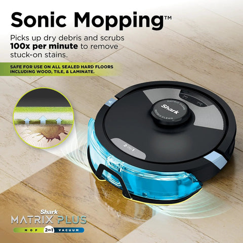 2In1 Robot Vacuum And Mop With Sonic Mopping And Matrix Clean Boss Level Cleaning Self Empty Base shown on hardwood floor