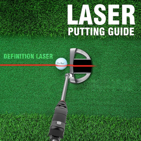 Indoor Golf Laser Putting Training Aid With Dual Modes For Alignment And Stroke Feedback, shown in use on a putting green.